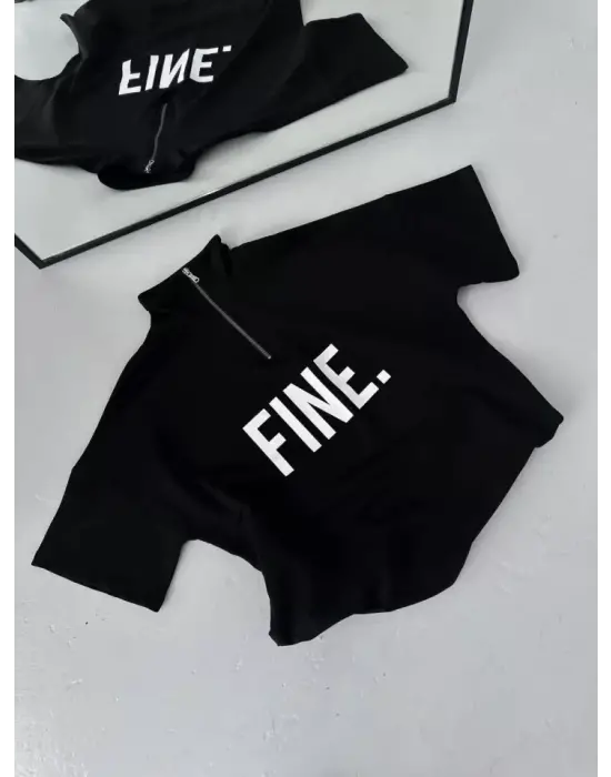 Omarı Baskılı Yarım Fermuarlı T-Shirt - Siyah