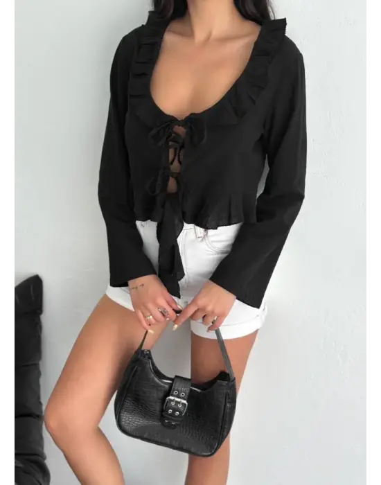 Omarı Siyah Keten Uzun Kol Bluz