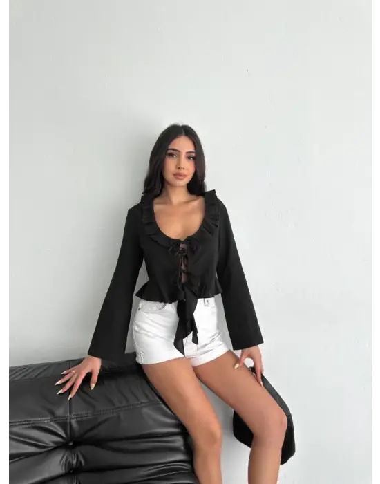 Omarı Siyah Keten Uzun Kol Bluz