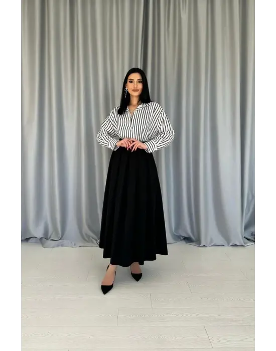 Siyah Uzun Pileli Etek