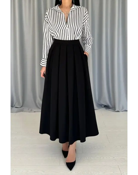 Siyah Uzun Pileli Etek