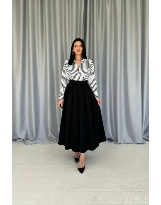 Siyah Uzun Pileli Etek