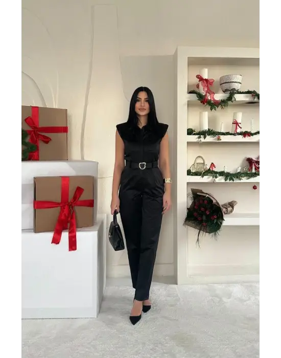 Siyah Vatkalı Kemerli Tulum