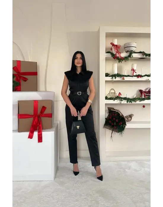 Siyah Vatkalı Kemerli Tulum