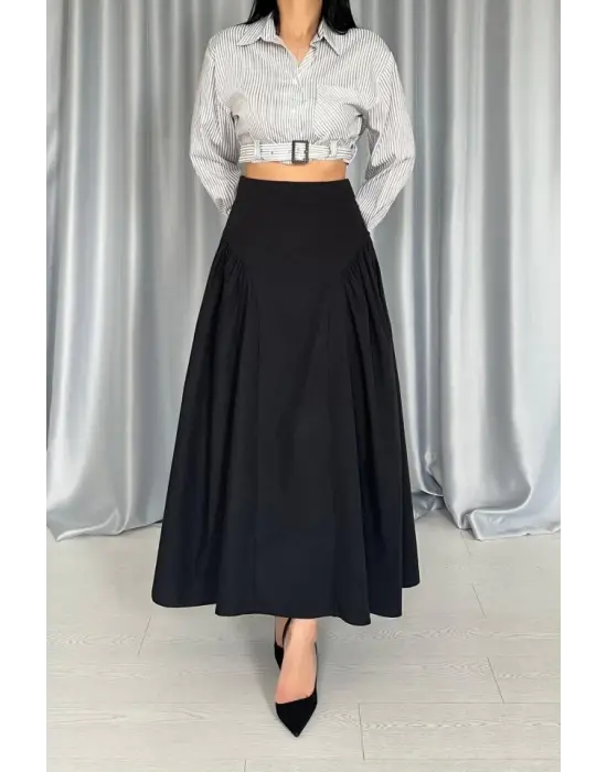 Omarı Siyah Yanları Büzgülü Uzun Etek - Şık ve Zarif Tasarım