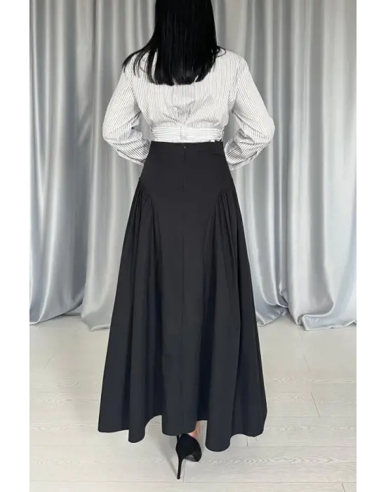 Omarı Siyah Yanları Büzgülü Uzun Etek - Şık ve Zarif Tasarım
