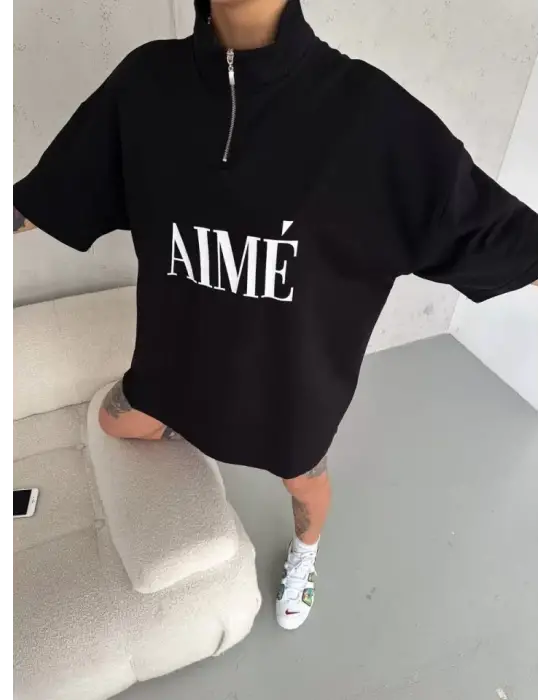 Omarı Baskılı Yarım Fermuarlı Unisex T-Shirt - Siyah