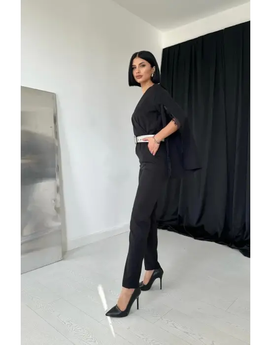 Omarı Büyüleyici Yırtmaçlı Siyah Tulum