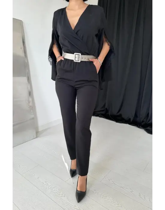 Omarı Büyüleyici Yırtmaçlı Siyah Tulum