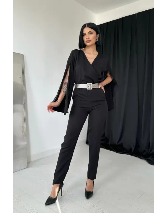 Omarı Büyüleyici Yırtmaçlı Siyah Tulum