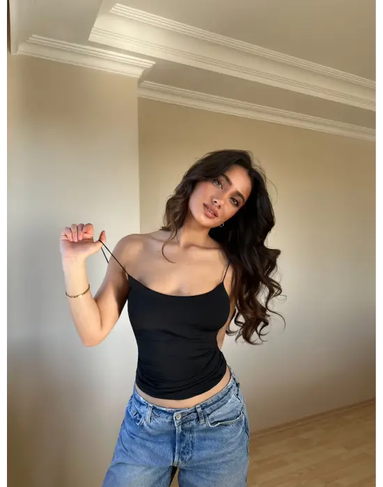 Omarı Siyah Poliamid İp Askılı Bluz