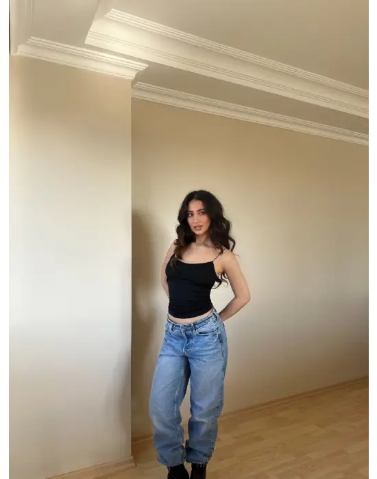 Omarı Siyah Poliamid İp Askılı Bluz