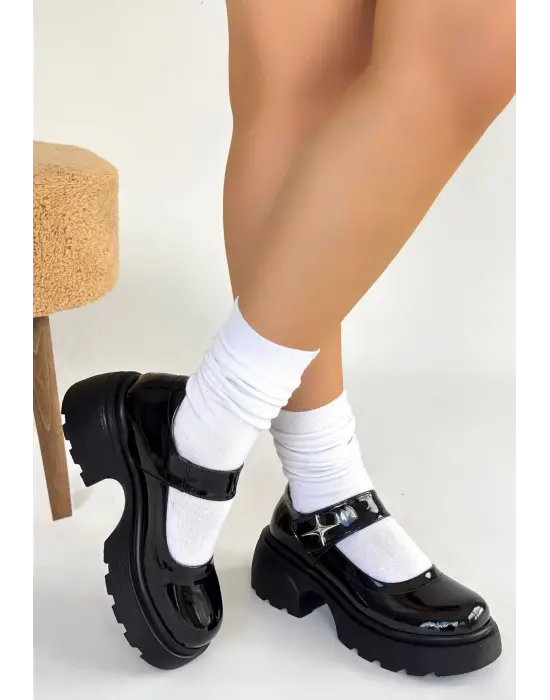 Siyat Siyah Rugan Dolgu Topuk Oxford Ayakkabı