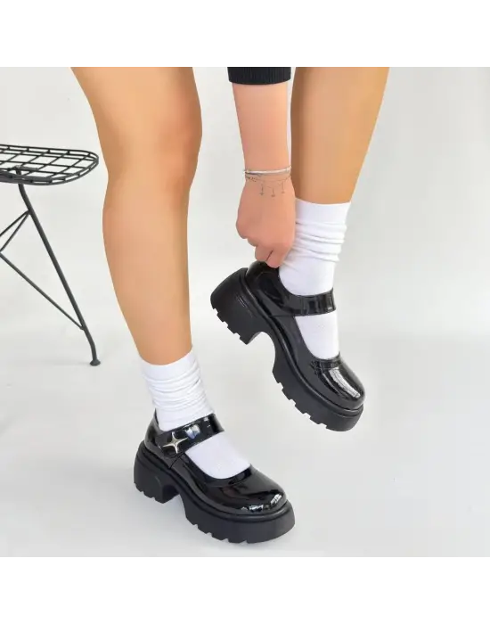 Siyat Siyah Rugan Dolgu Topuk Oxford Ayakkabı