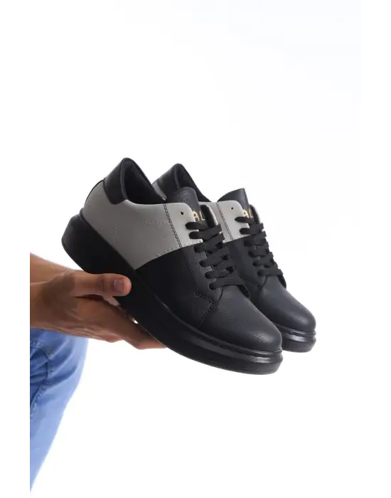 Omarı Hafif ve Konforlu Cilt Süet Erkek Günlük Sneaker Ayakkabı - Siyah/Gri