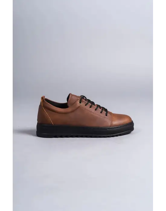 Omarı Hafif ve Şık Bağcıklı Cilt Erkek Spor Ayakkabı - Taba