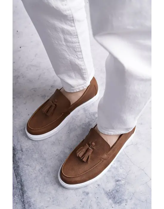 Omarı Püsküllü Cilt Erkek Günlük Spor Ayakkabı - Taba