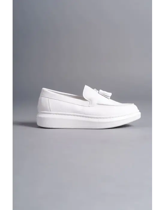 Omarı Püsküllü Cilt Erkek Günlük Spor Ayakkabı - Beyaz