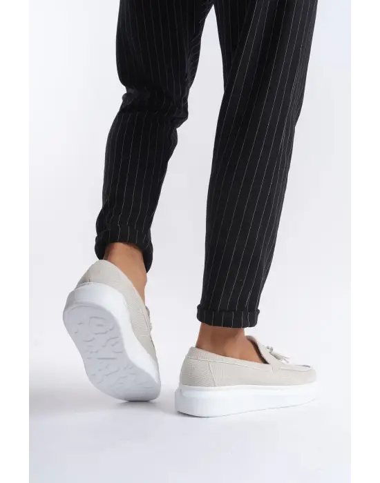 Omarı Etkileyici Püsküllü Keten Erkek Günlük Spor Ayakkabı - Beyaz