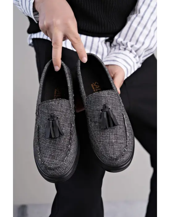 Omarı Püsküllü Keten Erkek Günlük Ayakkabı - Gri