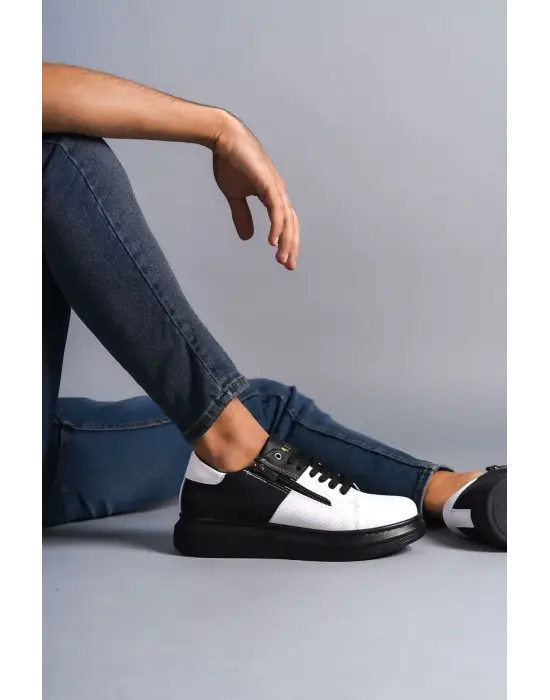 Omarı Fermuarlı ve Bağcıklı Erkek Günlük Sneaker Ayakkabı - Siyah/Beyaz