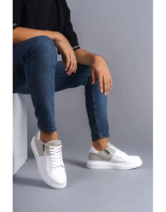 Omarı Fermuarlı ve Bağcıklı Erkek Günlük Sneaker Ayakkabı - Beyaz/Gri