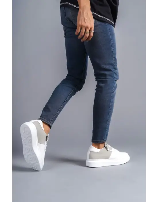 Omarı Fermuarlı ve Bağcıklı Erkek Günlük Sneaker Ayakkabı - Beyaz/Gri
