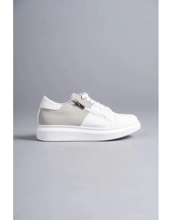 Omarı Fermuarlı ve Bağcıklı Erkek Günlük Sneaker Ayakkabı - Beyaz/Gri