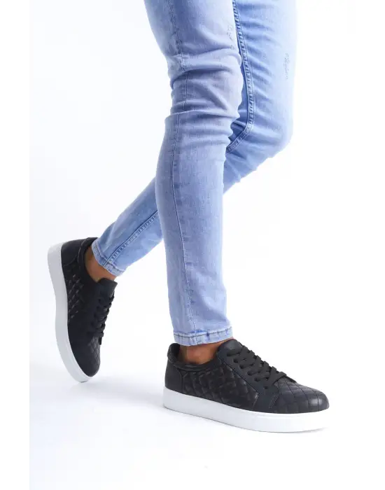 Omarı Cilt Kapitone Desenli Erkek Sneaker Ayakkabı - Siyah