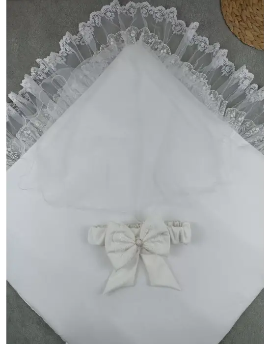 Omarı Yenidoğan Taç Nakışlı Delüks Kundak Battaniyesi - Ekru