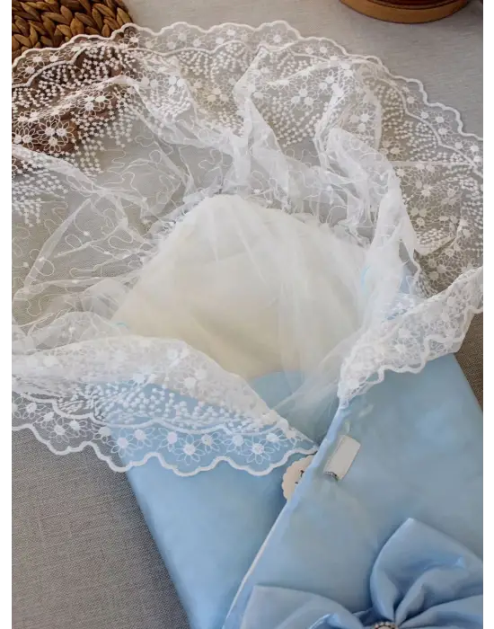 Omarı Parlak Mavi Yenidoğan Fiyonk Kundak Battaniyesi