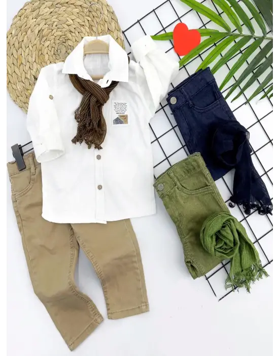 Omarı Pamuk Keten Erkek Bebek Takımı 3lü Gömlek Pantolon Fularlı