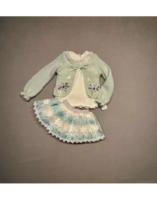 Omarı Yenidoğan Kız Çocuk 3lü Örme Hırka Etek Takımı