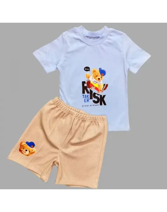 Omarı Sevimli Kaykaycı Ayı Desenli Erkek Bebek Takımı Mavi