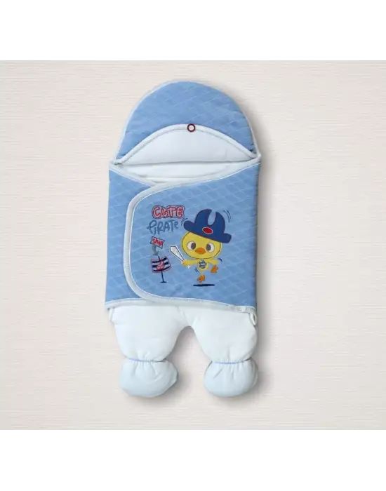 Omarı Yenidoğan Şovalye Civciv Nakışlı Şapkalı Bebek Battaniyesi Mavi