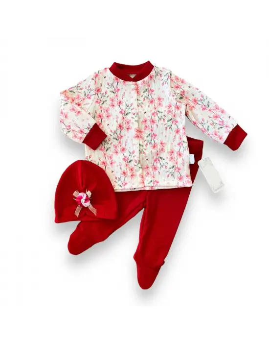 Omarı Çiçek Desenli Kız Bebek Patikli 3lü Takım Kırmızı