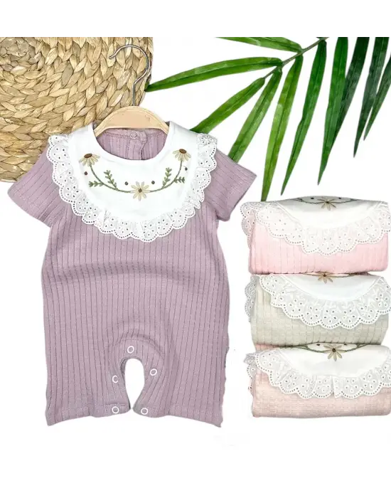 Omarı Yazlık Bebe Yaka Çiçek Detaylı Pamuklu Kız Bebek Tulumu