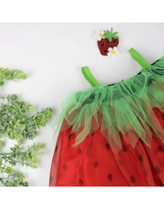 Omarı Sevimli Askılı Çilek Kostüm Kırmızı Elbise