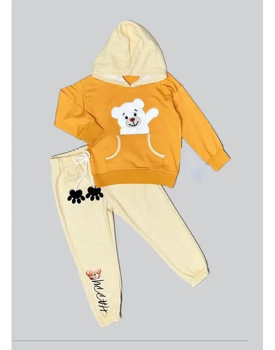 Omarı Sevimli Pelüş Ayı Desenli Kapşonlu Çocuk Takımı Turuncu