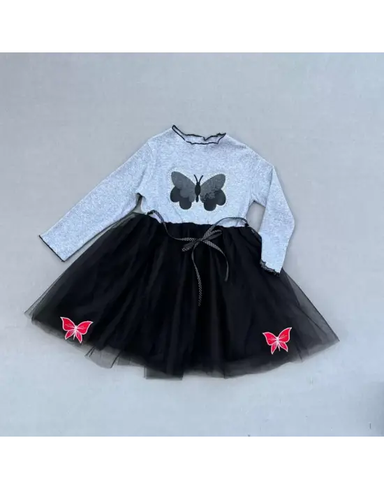 Omarı Kelebek Desenli Siyah Kız Çocuk Tütü Elbise