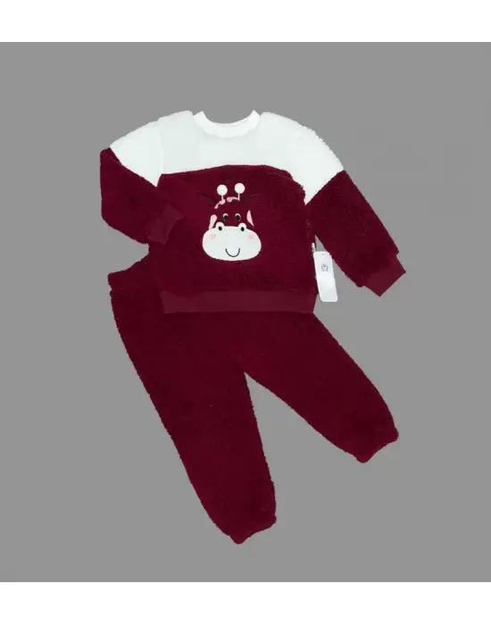 Omarı Ponponlu Zürafa Desenli Kuzu Kumaş Çocuk Takımı