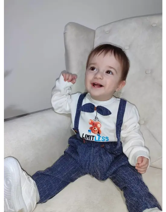 Omarı Papyonlu Erkek Bebek Sweat Kot Salopet Takımı - 9-12-18 Ay