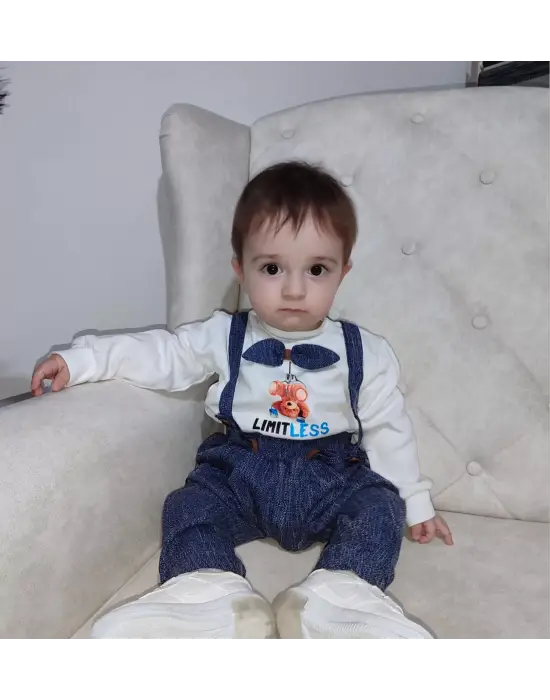 Omarı Papyonlu Erkek Bebek Sweat Kot Salopet Takımı - 9-12-18 Ay