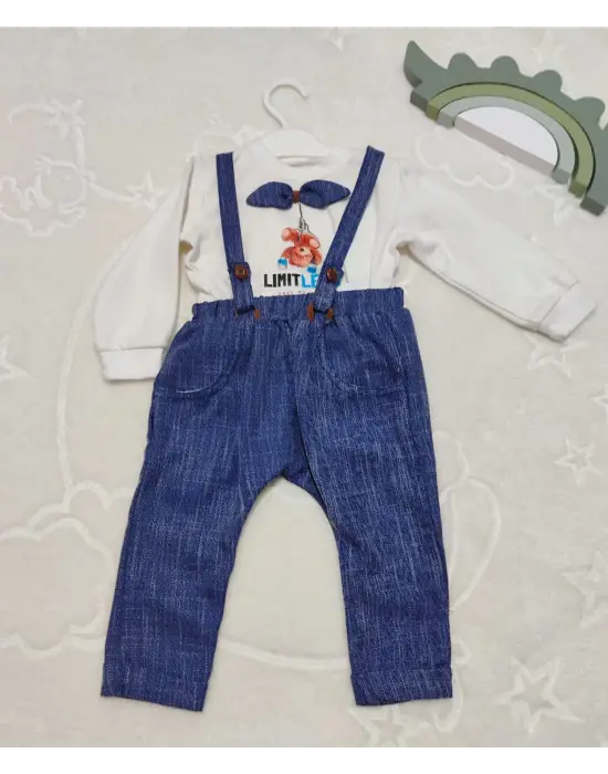 Omarı Papyonlu Erkek Bebek Sweat Kot Salopet Takımı - 9-12-18 Ay