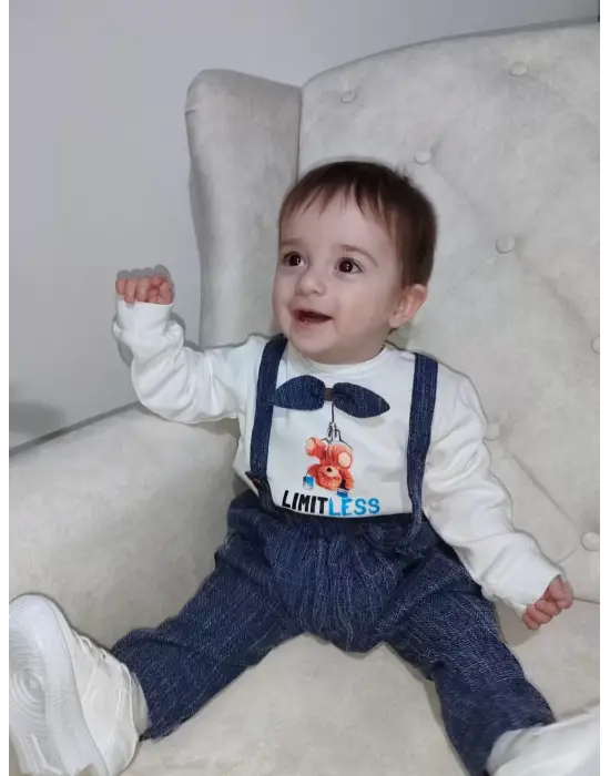 Omarı Papyonlu Erkek Bebek Sweat Kot Salopet Takımı - 9-12-18 Ay