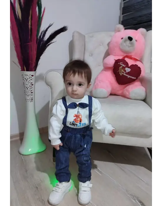 Omarı Papyonlu Erkek Bebek Sweat Kot Salopet Takımı - 9-12-18 Ay