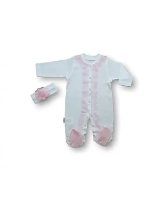 Omarı Sevimli Dantelli Bandanalı Kız Bebek Tulumu - Ekru