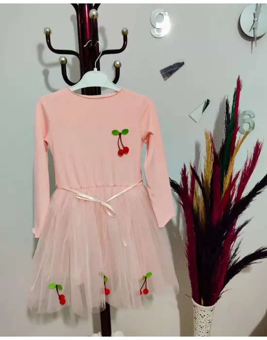 Omarı Çocuk Tütü Elbise - Kiraz Desenli, Uzun Kollu, Astarlı