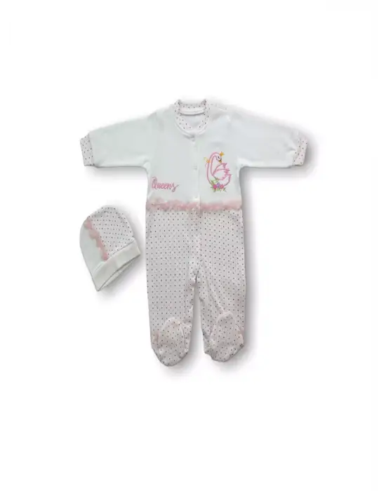 Omarı Kraliçe Kuğu Nakışlı Bebek Tulumu Ekru