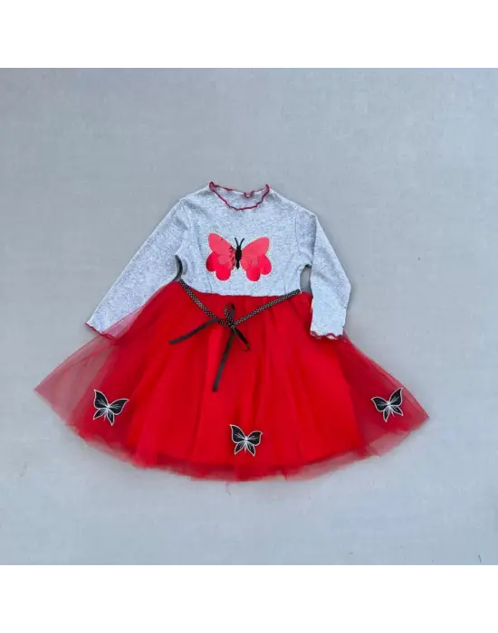 Omarı Canlı Renklerle Taşlı Kelebek Desenli Kız Çocuk Tütü Elbise